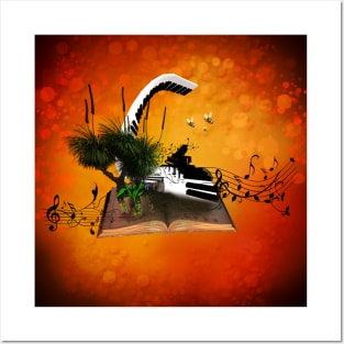 A piano is flying out of a book. Posters and Art